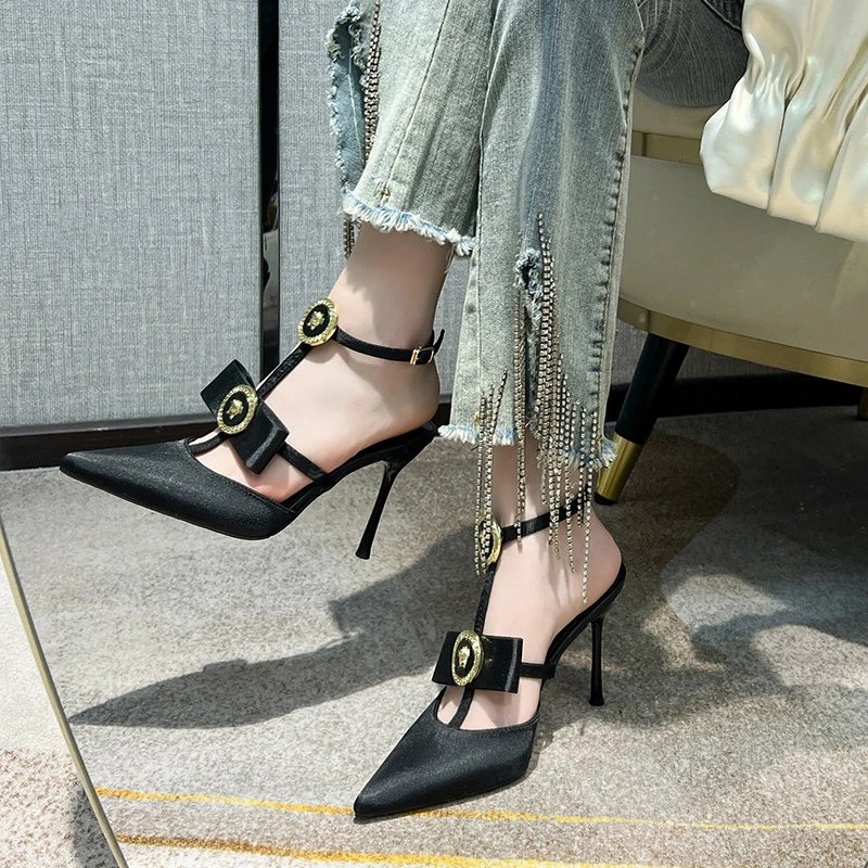 

2025 Spring NEW Black sexy women's high heels Fashion pointed Toe Shallow bowknot Heeled Sandals Summer luxury Woman shoes