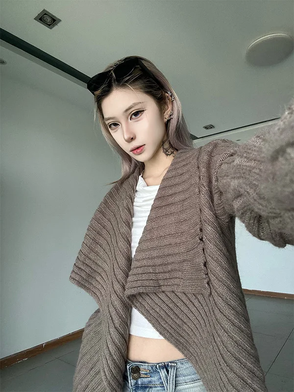 Ladies Casual Style Knitted Sweater Coat Large Collar Twist Flower Design Autumn Winter Outerwear Fashionable Top