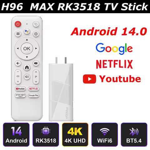 TV Stick H96 MAX RK3518 Android 14 Smart TV Box 4K Youtube 2GB 16GB 8GB Wifi6 BT5.4 Google Voice Media Player