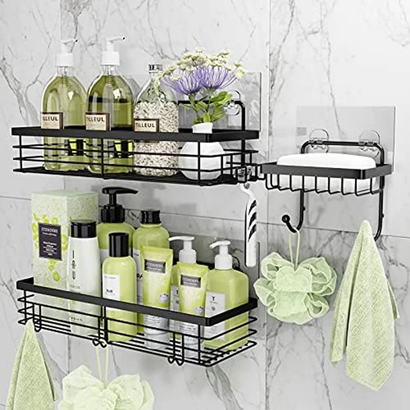 

3pcs Stainless Steel Shower Caddy with 5 Hooks Adhesive Bathroom Organizer Rustproof Soap Dish Holder Wall Mounted Storage Rack