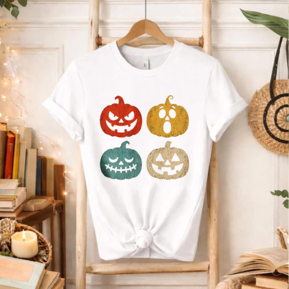 Vintage Multi‑Color Jack O Lantern Halloween Graphic T‑Shirt Four Pumpkin Faces Spooky Fall Autumn Holiday Art Party Casual Tops