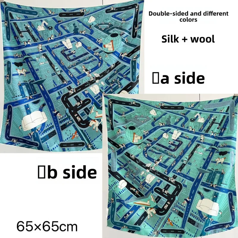 65x65cm Equestrian Belt Print Square Scarf 30% MULBERRY SILK 70% WOOL Twill Double Sided Different Color Neck Shawl Headscarf