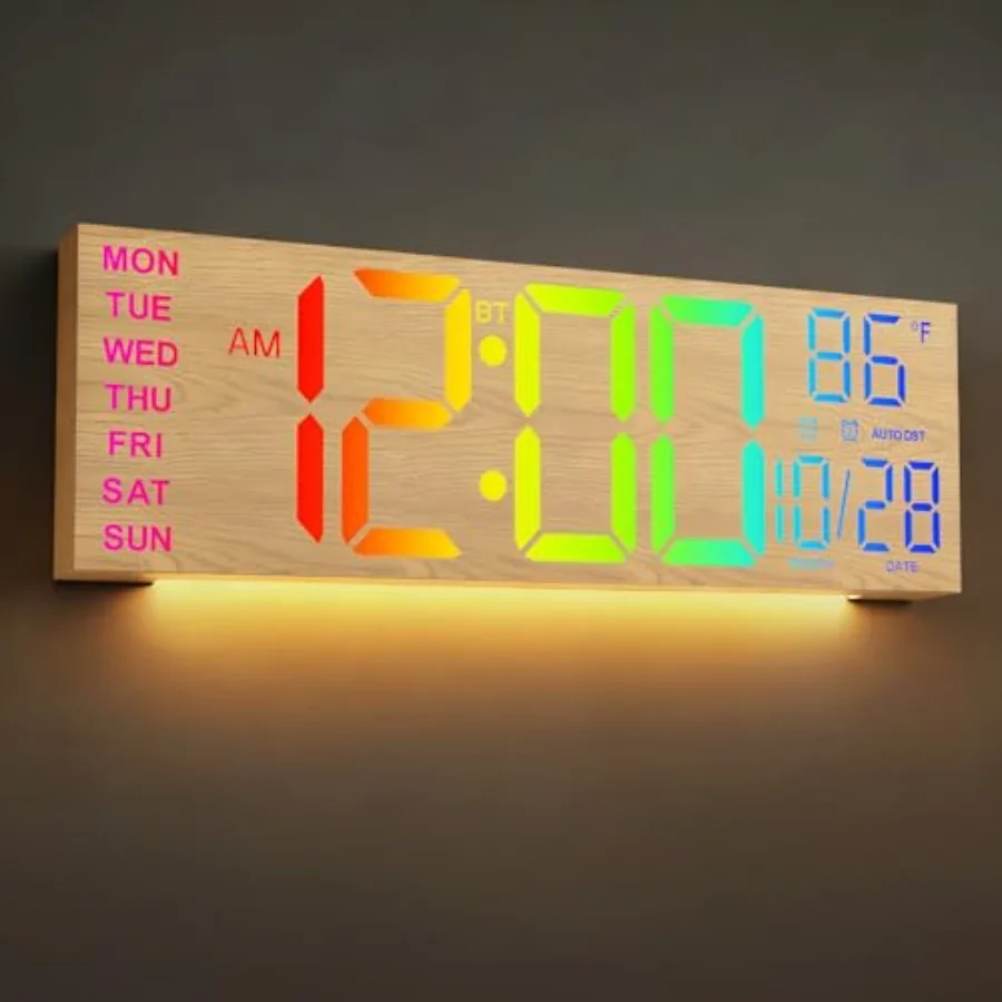 

16-дюймовые большие деревянные цифровые настенные часы с RGB LED-дисплеем, ночником, автоматической регулировкой яркости, двойным будильником, термометром и таймером - Современный дизайн