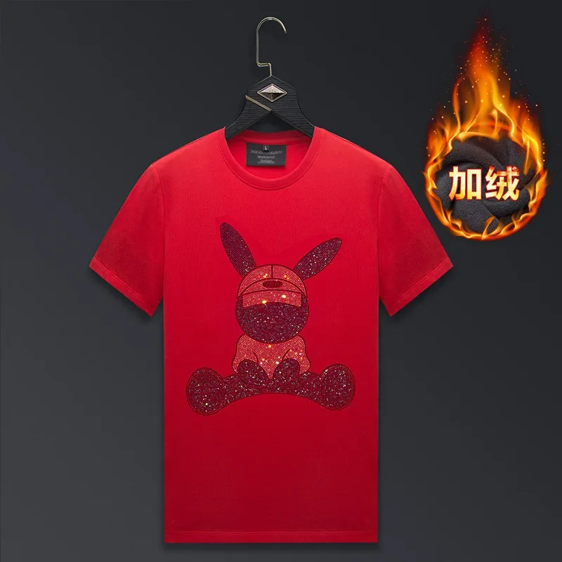 Plus Size Short Sleeve T Shirt Men Winter Clothes Cartoon Rabbit Rhinestones Streetwear O Neck Thick Velvet Heat Tshirts Camisas