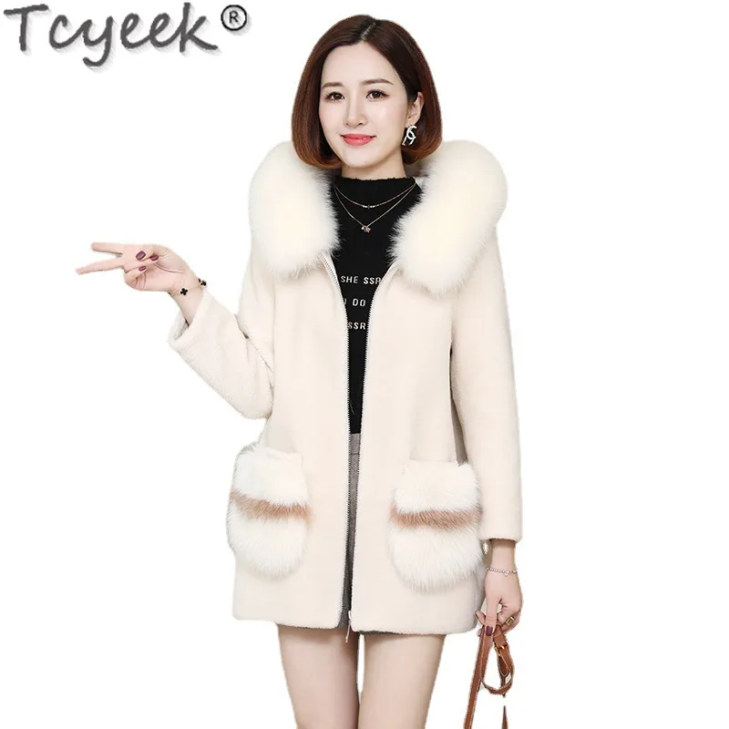 Tcyeek 100% Wool Coat Women Clothes Warm Fox Fur Collar Winter Women\'s Fur Jacket Grain Sheep Shearling Coats Пальто Женское