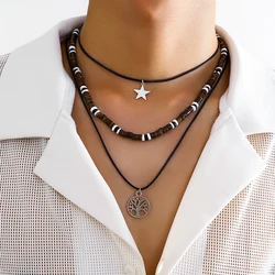 IngeSight.Z 3pcs/set Metal Star Tree Pendant Black Wax Thread Necklace for Women Men Retro Wood Beaded Choker Necklace Jewelry