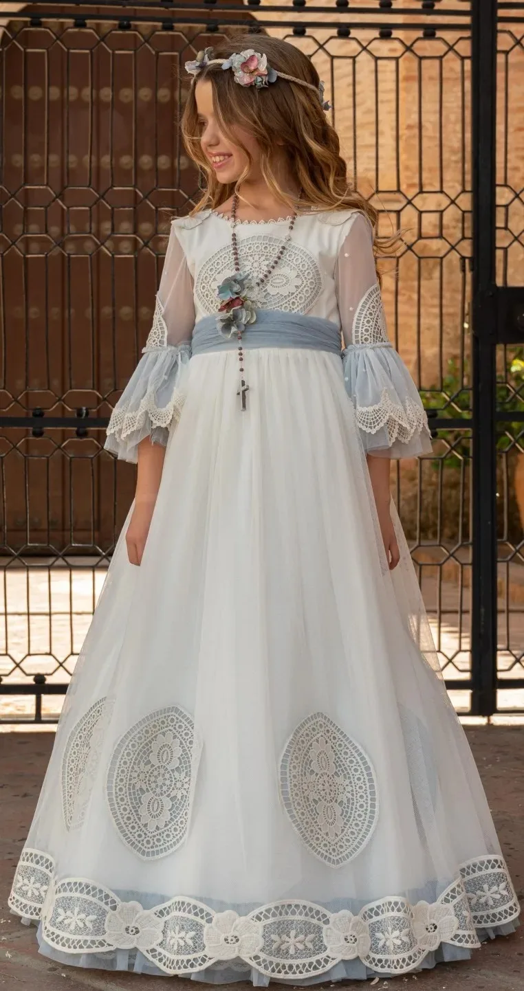 カスタマイズされたレースのアップリケフラワーガールドレス結婚式の床の長さの誕生日ボールガウンプリンセス初聖体拝領ドレス