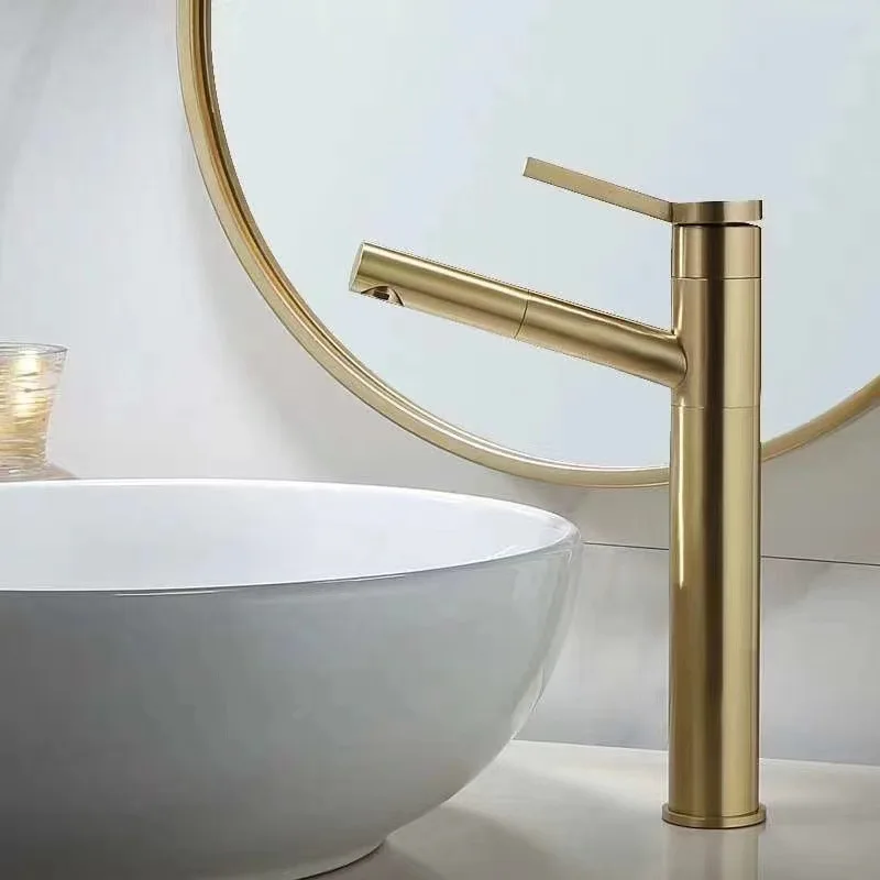 Full copper pull-out hot and cold water faucet brushed gold color pedestal basin sink swivel bathroom retractable