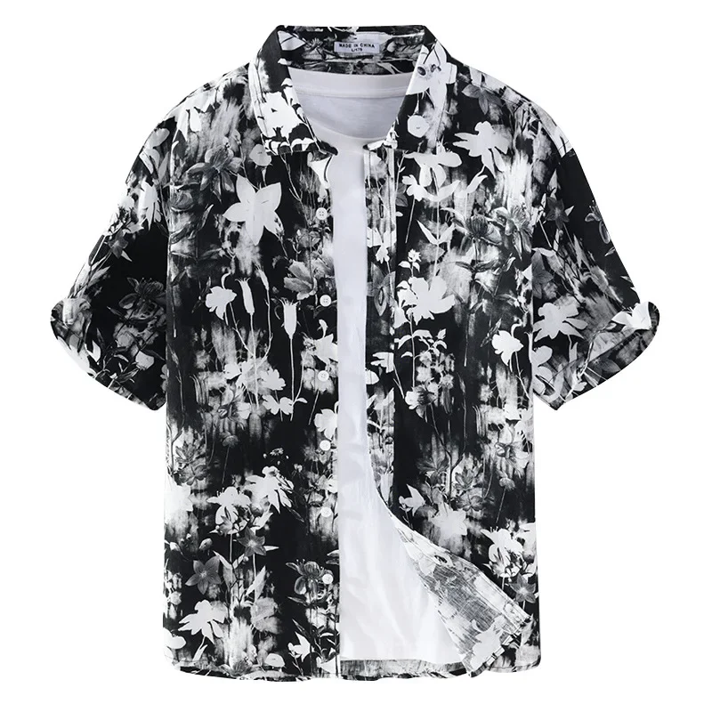 

Summer new style men's black and white printed linen shirt men's short sleeve Chinoiserie printed youth linen shirt