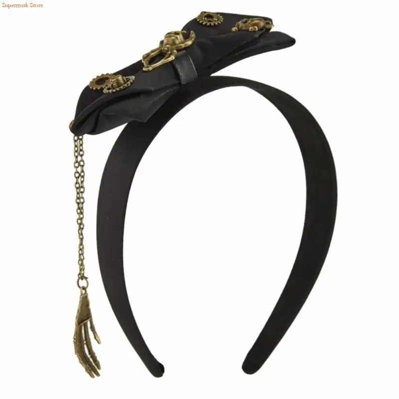 Q5WE Black Bows Headband Halloween Hair Bows Day Of The Dead Headband Gothic Headband Skull Hand Steampunk Headband For Women