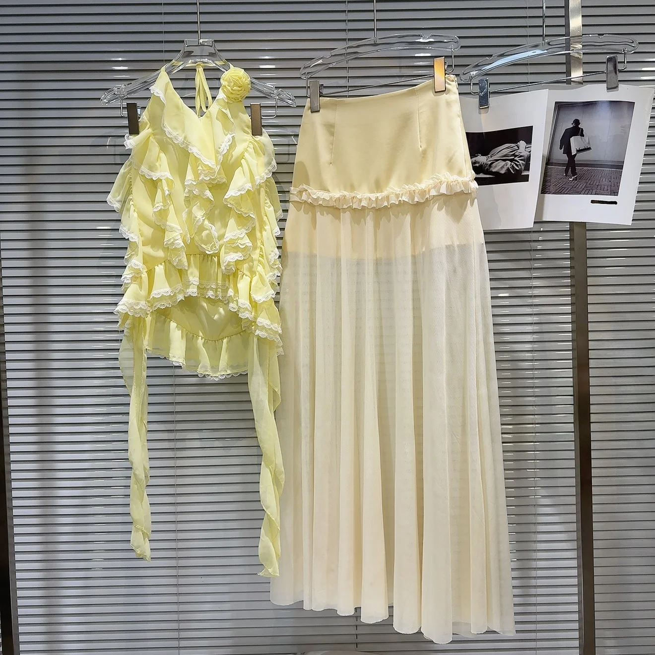

Sweet Multi-Layer Ruffle Ne Vest Me Long Skirt Thin Summer New Arrival Faion Set V-Ne ort Sve Overhead Long Pants
