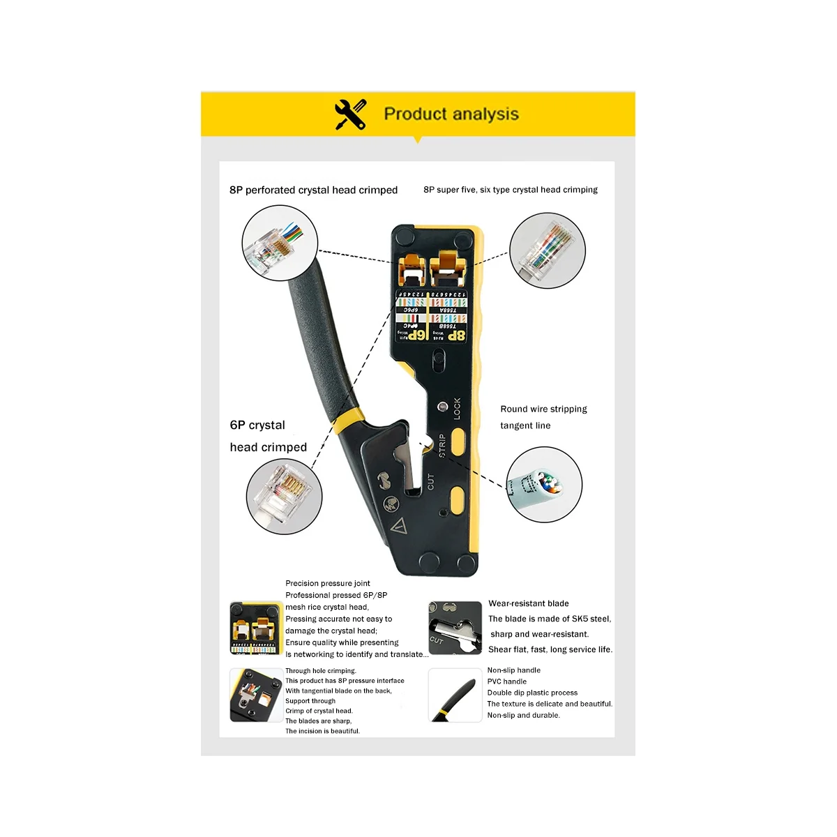 RJ45 Pass Through Crimp Tool for Cat5 Cat6 Modular Connector Ethernet Crimp Tool 8P 6P Pass Through Ethernet Crimper