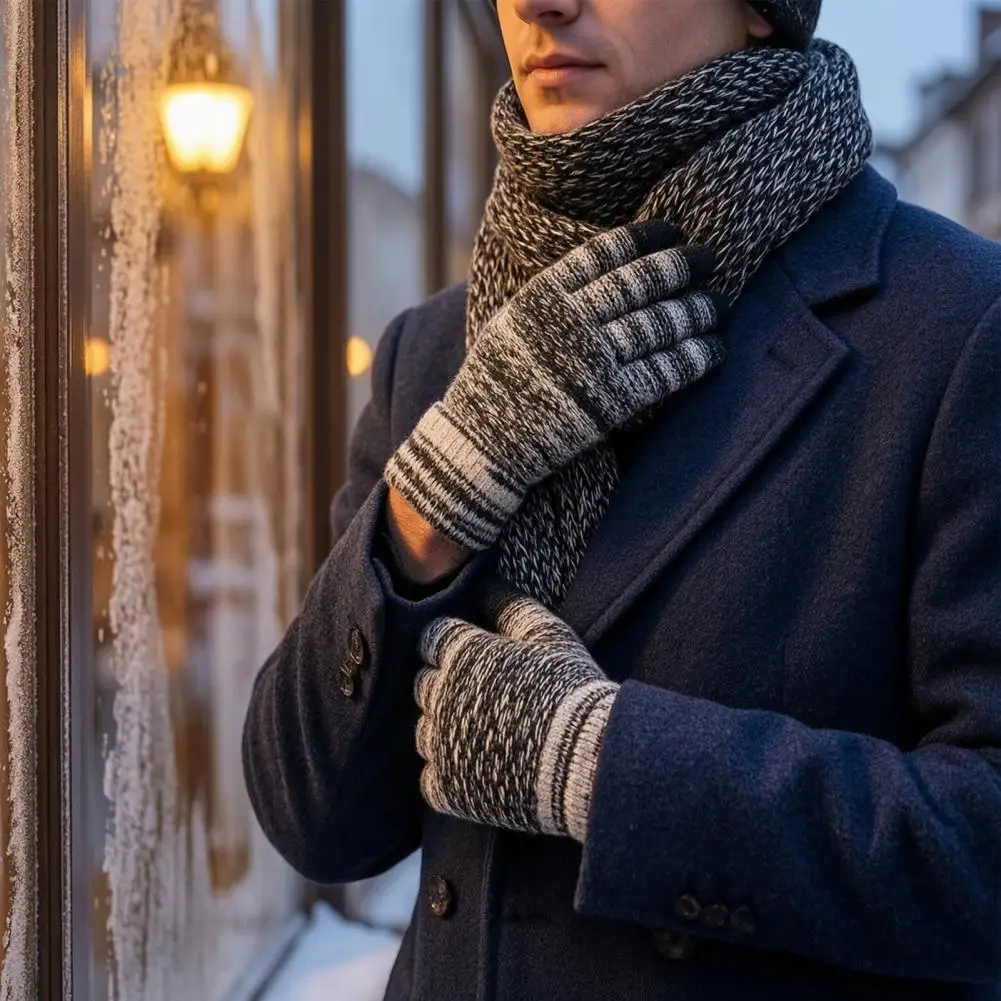 Touch Screen Winter Gloves Winter Thermal Three-piece Set Thick Knit Hat Scarf Gloves Kit Weather Ear Protection for Outdoor
