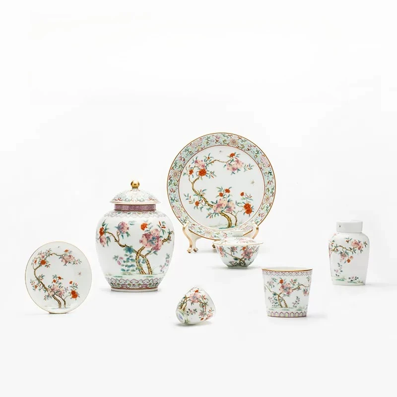 Hand painted pastel pomegranate flower series cover bowl/bamboo cup/pot/pot bearing, Jingdezhen ceramics
