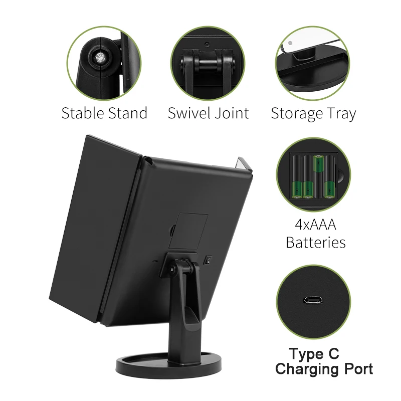 Desktop Triple Fold Makeup Mirror 2X/3X Magnification True-View Lighting Battery or USB Powered Portable Desktop Dressing
