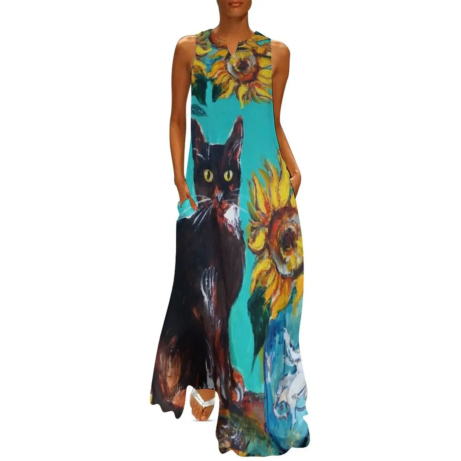 

SUNFLOWERS WITH BLACK CAT IN BLUE TURQUOISE YELLOW COLORS by Bulgan Lumini Long Dress birthday dress Dress