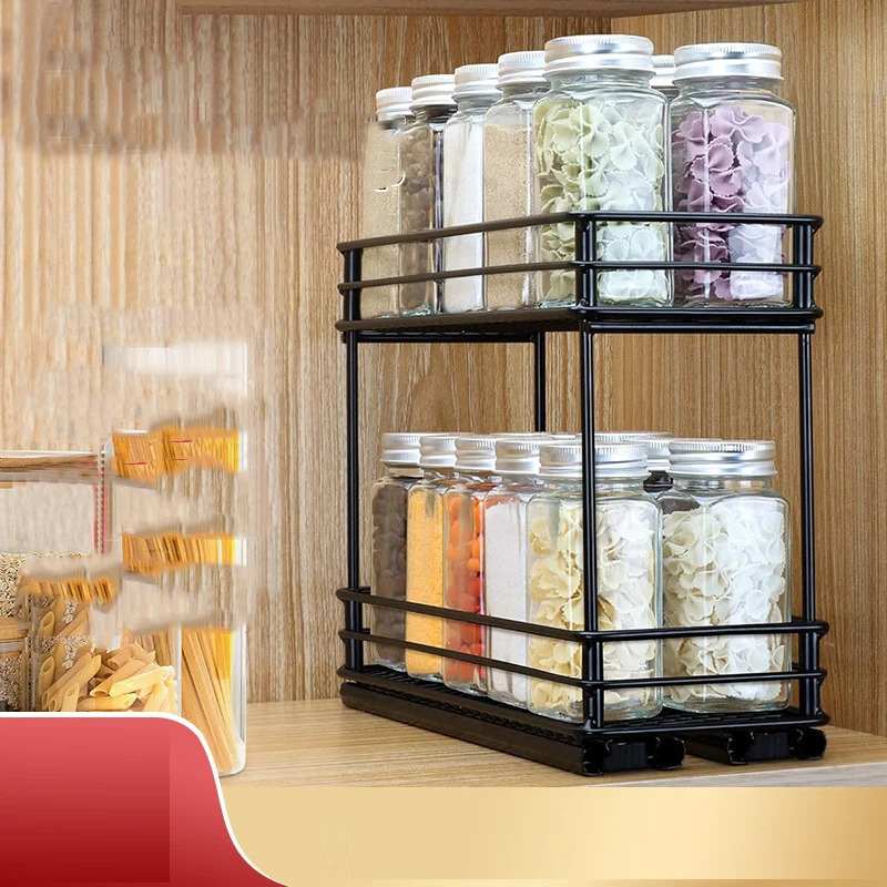 Kitchen Spice Racks Suit for Narrow Cabinet Drawer Pull-Out Seasoning Holder Rack with Track Spice Bottle Storage Organiziers