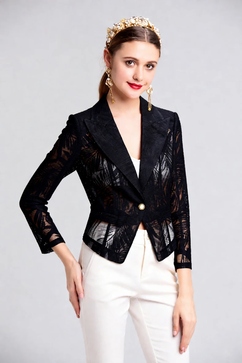 Women's Black Sheer Mesh Blazer, Long Sleeve Open Front Jacket with Pearl Button Detail, Lightweight Elegant Office Jackets