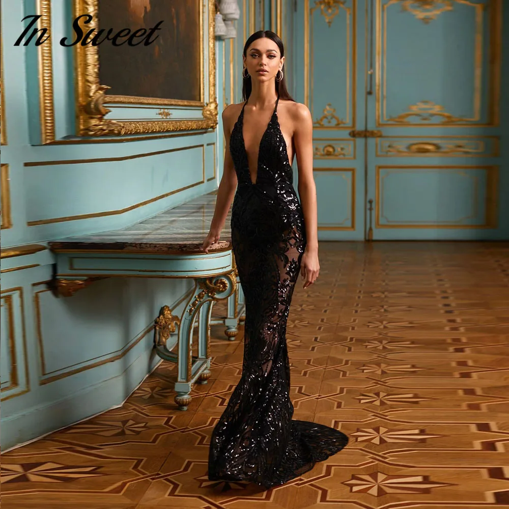 Deep V Halter Mermaid Evening Dresses Black Sequin Lace Tulle Prom Gown Backless Sexy Court Train Party Dress Vestido De Novia