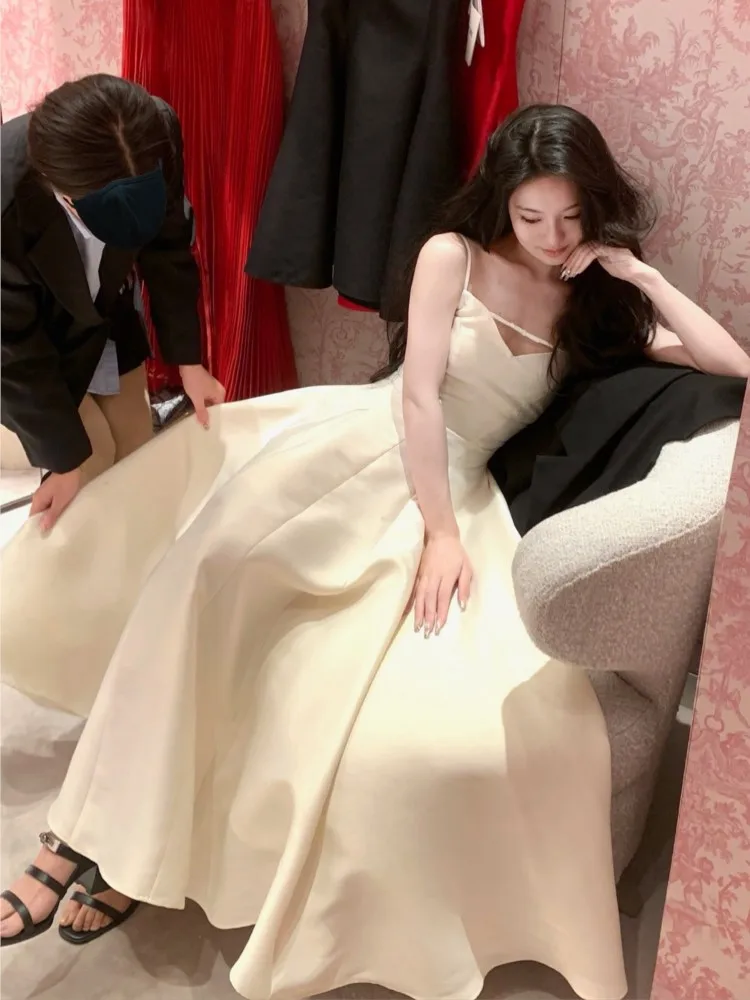 Elegante abito da sera principessa solido francese romantico nero grande orlo abiti da laurea coreano cinturino estivo abiti da sposa