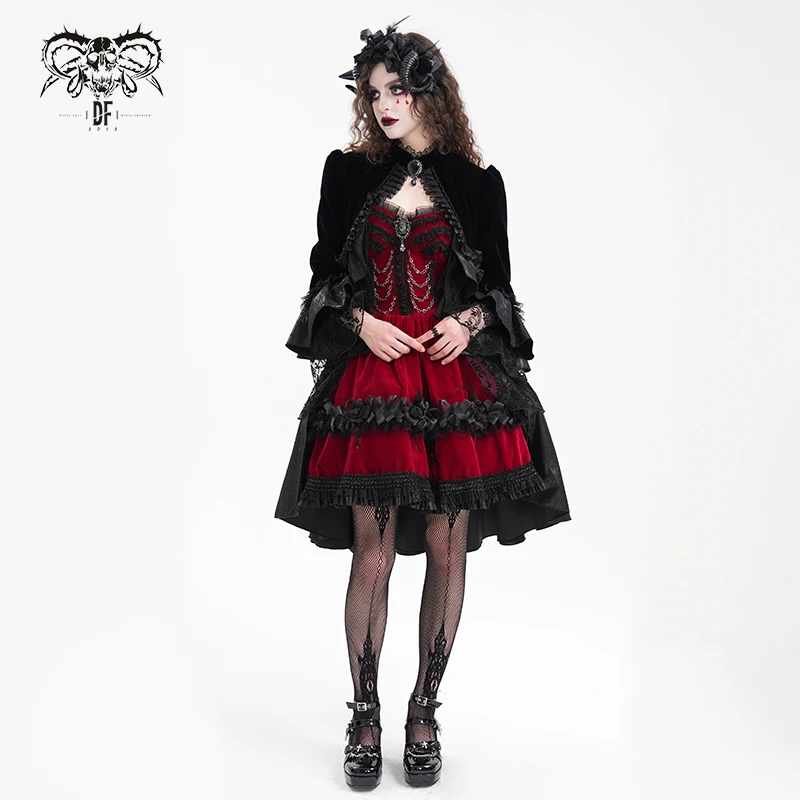 Women Goth Black Velvet Lace Ruffle Tailcoat Jacket Stand Collar Double Layer Flare Sleeve Victorian Open Front Long Coat CT243