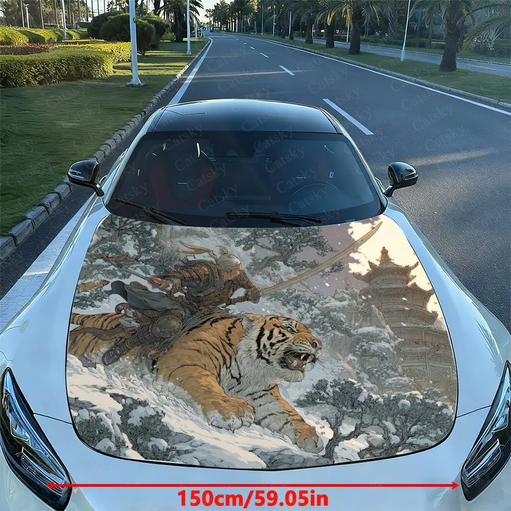 Armored Generals Riding White Tigers Design Car Hood Sticker, Drum Packaging, Stylish Design, Suitable For Most Vehicles, Hood P