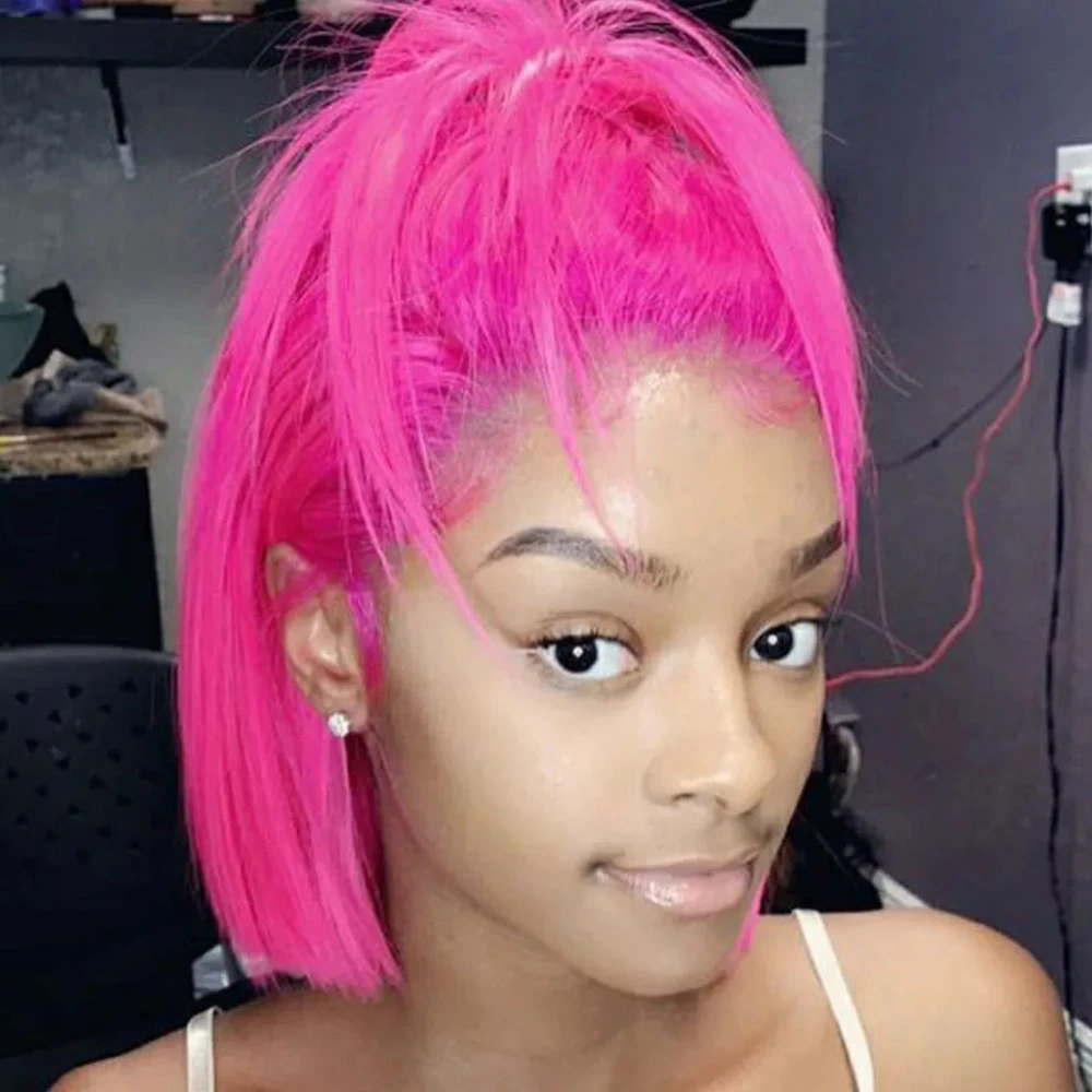 Hot Pink Colored Bob Wig Human Hair 13x4 Straight Lace Frontal Wigs 150 Density Pre Plucked Transparent Lace Bob Wigs for Women