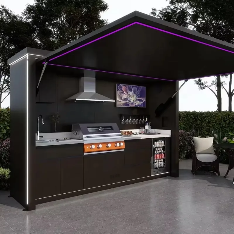 Modular Stainless Steel Outdoor Kitchen Shed Weatherproof Outdoor Bbq Kitchen Cabinetry Remote Control Outdoor Kitchen with Roof