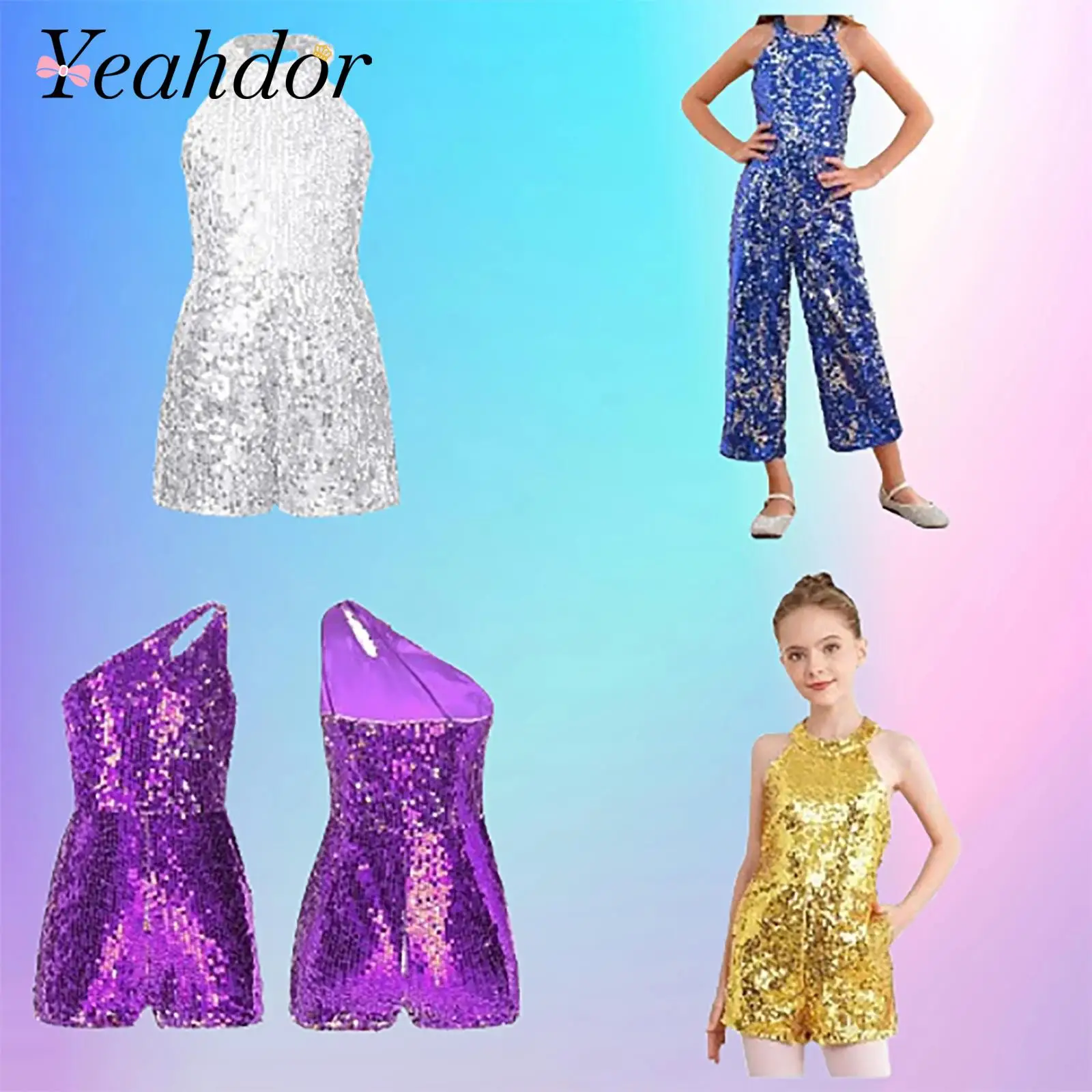 

Girls Shiny Sequins Shorty Unitard Bodysuit Fashion Teen Leotards Kids Modern Latin Street Jazz Dance Costumes Party Unitards
