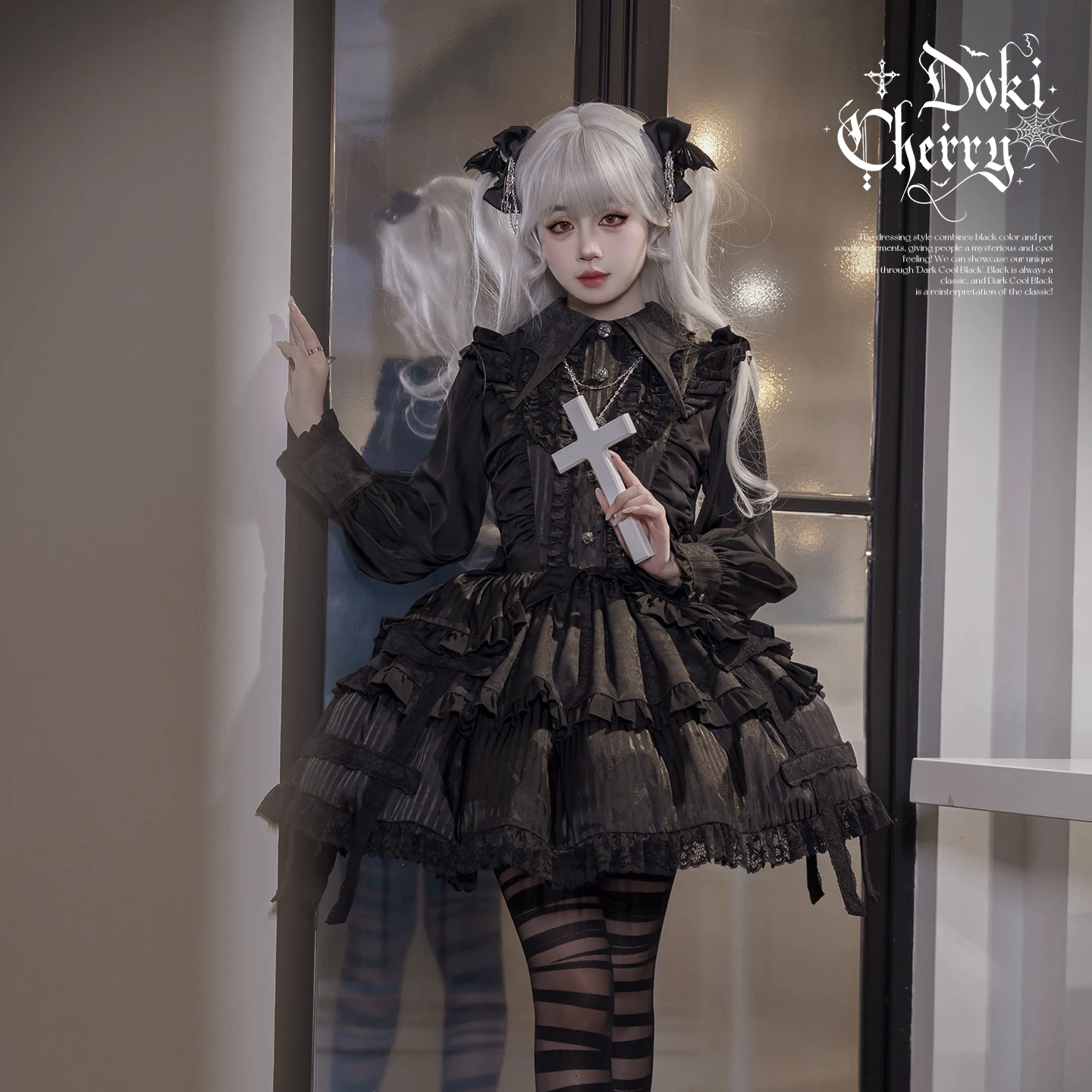 الأصلي ثقافة فرعية الأسود القوطية لوليتا فستان بكم طويل OP ربيع الخريف فتاة جديدة حلوة كول Batwing طوق الدانتيل كوس فستان #2