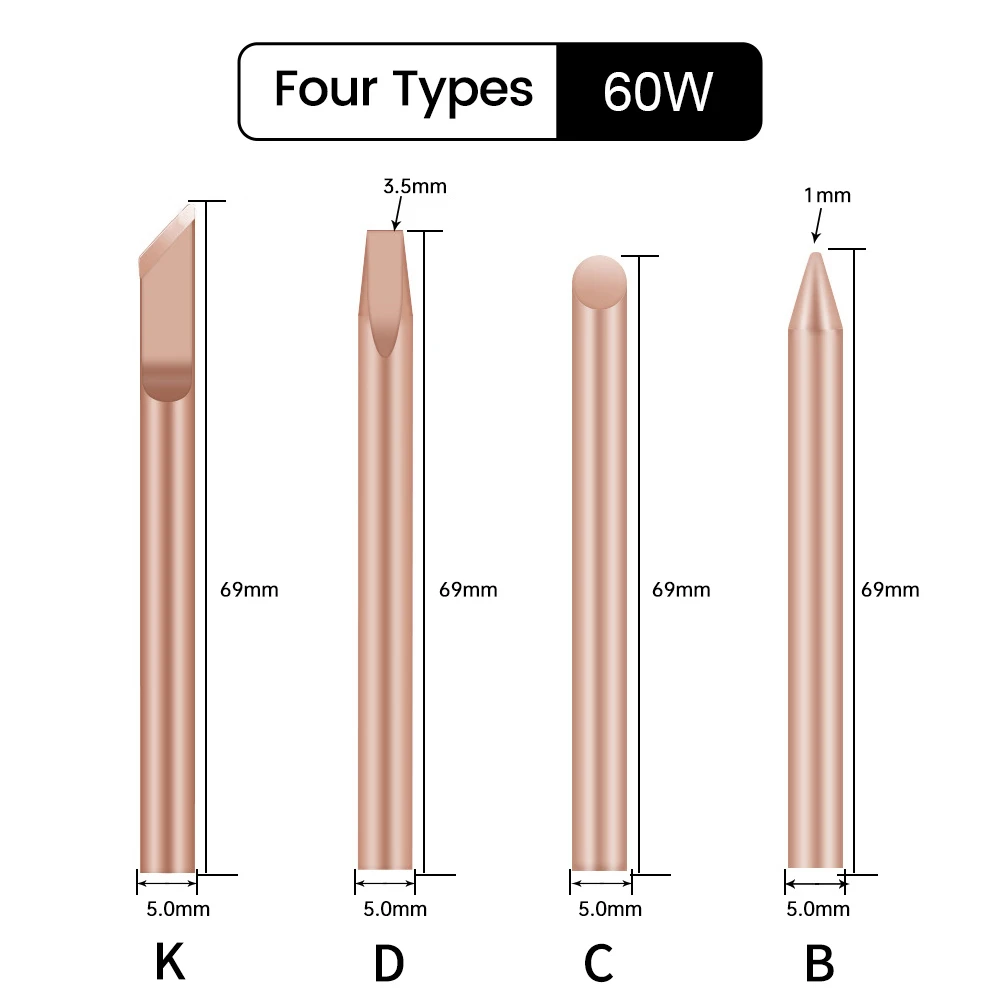 4pcs External Heat Solder Iron Tip B C D K Pure Copper Solder Head 30W 40W 60W Replacement Tip Welder Repair Tools