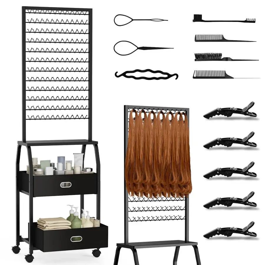 

Braiding Hair Rack with Wheels amp Storage Drawers,2Sided 288 Pegs,Hair Extension Holder Hanger for Braiding Hair Separator Stan