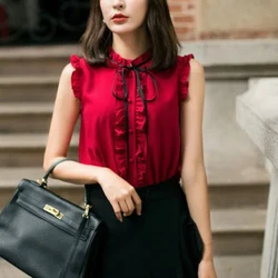 Summer New Women's Blouse Solid Color Ruffled Neck Button Spliced Ruffles Bow Fashion Sweet Loose Ventilate Sleeveless Shirt