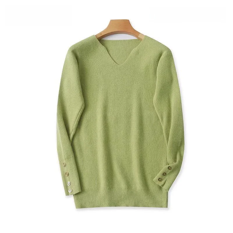 

Winter 1796 V-Neck Sweater Casual Loose Fit Long Sleeve Polyester Fiber Inner Wear Small Button Pure Color Versatile Knitwear
