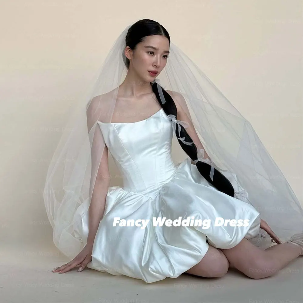 

Fancy Scoop A Line Korea Wedding Dress A Line Puff Evening Dresses Sleeveless Soft Satin Prom Gown Mini Short Customized