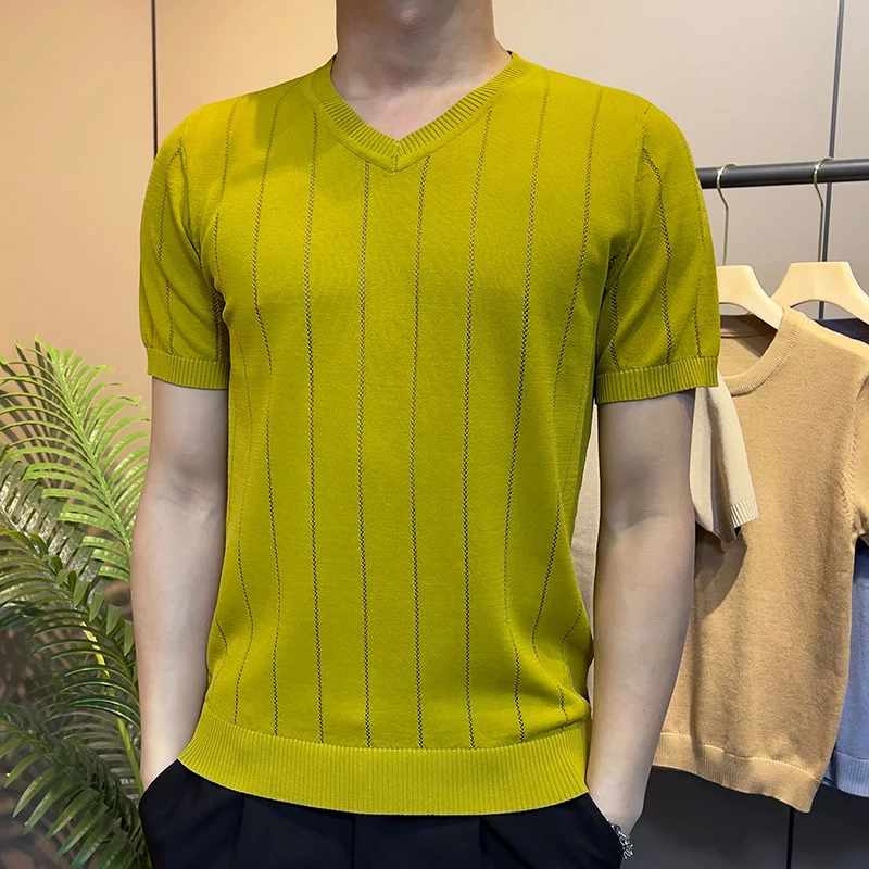 

Fashion V-Neck Knitted Striped Hollow Out T-Shirts Men's Clothing 2024 Summer New Loose Korean Tops Casual Solid Color Tee Shirt