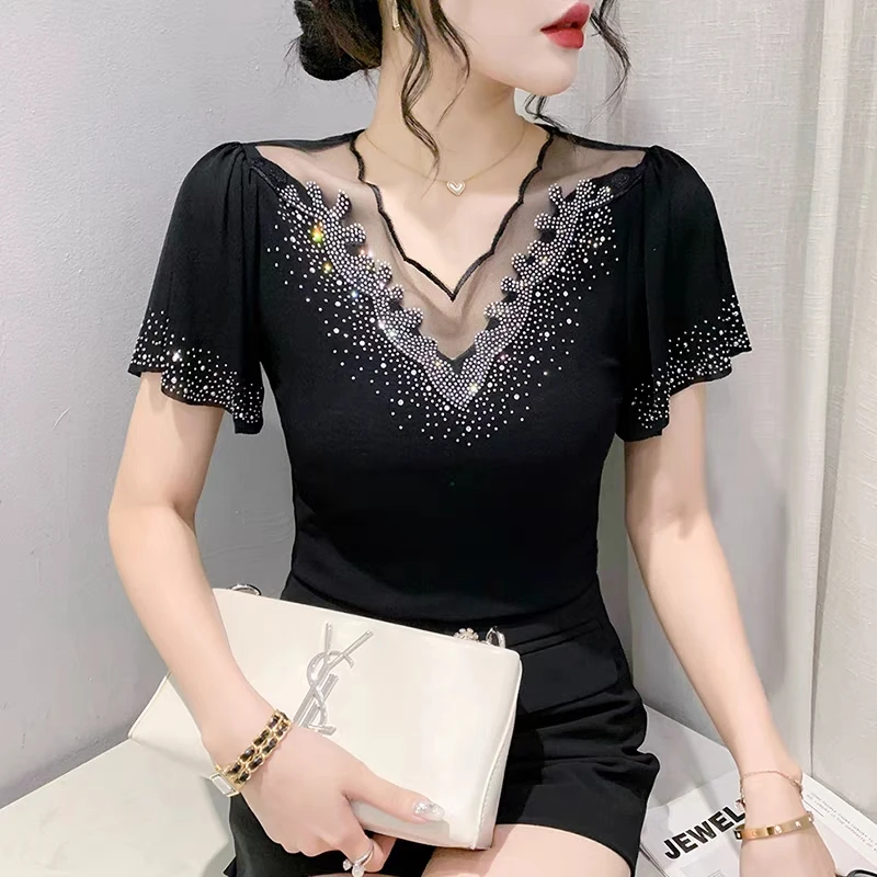 New 2024 Summer Women\'s T-Shirt Fashion Casual Ruffle Sleeved Sexy V-Neck Hot Diamonds Tops Female Elasticity Mesh Tees Blusas