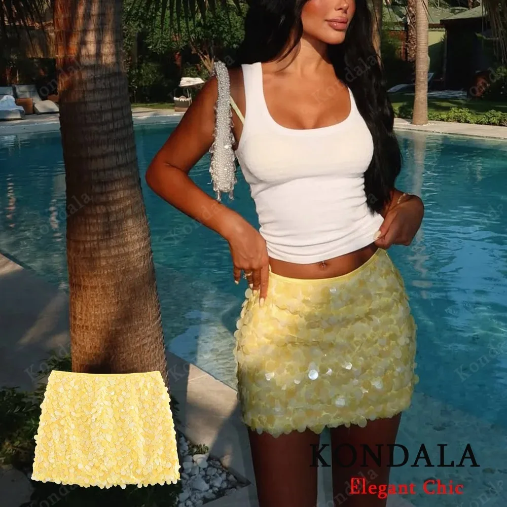 

KONDALA Women Elegant Chic Yellow Sequin Mini Skirt Women High Street Skirt 2025 Fashion Romantic Sexy Party Holiday Beach Skirt