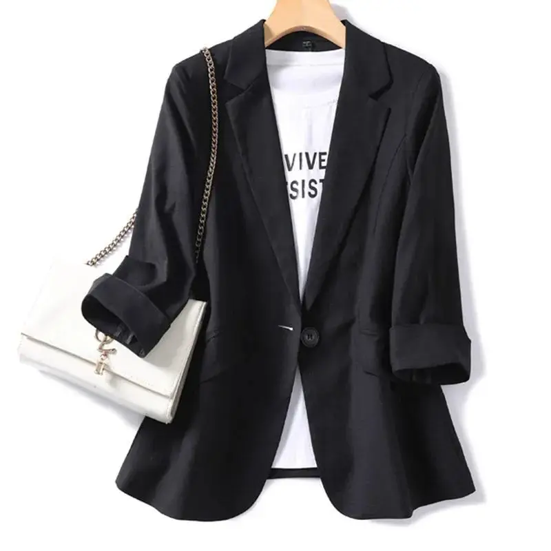 Temperament Notched Knop Effen Kleur Losse Office Lady Fashion Formele Casual Blazers Dameskleding Lente Zomer Dunne Tops