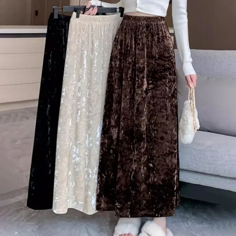 Biyaby Vintage Glossy High Waist A-Line Skirt Women Korean Fashion Elastic Waist Skirt Woman Solid Thick Warm Long Skirts Lady