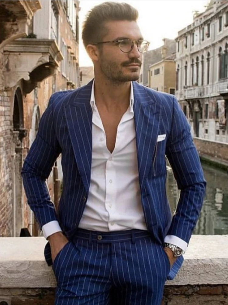 2026 Costume Homme Navy Blue Pinstripe Men Suits Peaked Lapel 2 Piece Jacket Pants Male Clothing Slim Fit Business Men's Blazer