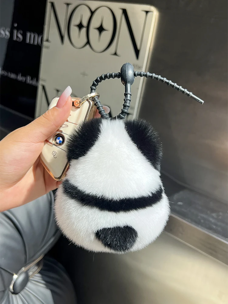 Plush Panda Real Rex Rabbit Fur Keychain Cute Toy Kids Schoolbag Pendant Women Bag Charm Car Keyring Trinkets Girls Classic Gift