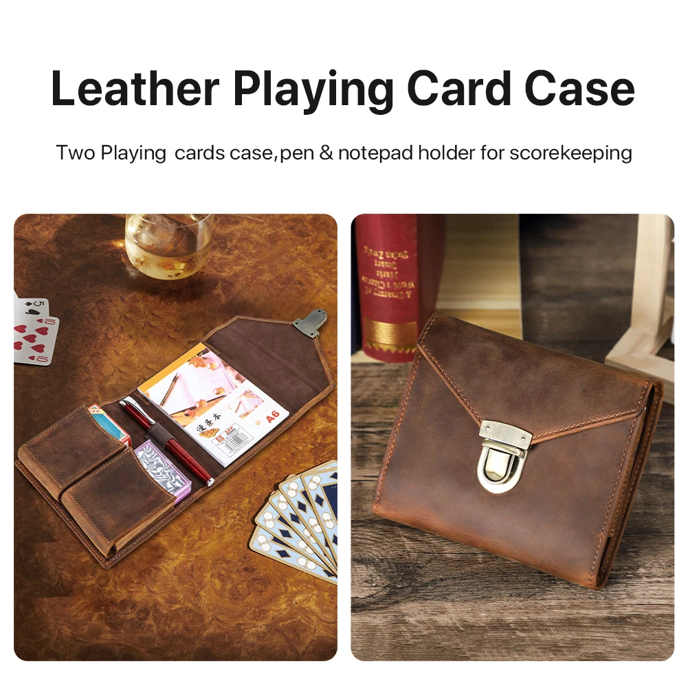 Genuine Leather Playing Poker Card Magic Card Protectors Cover with Pen A6 Notepad Holder Vertical Game Card Storage Box