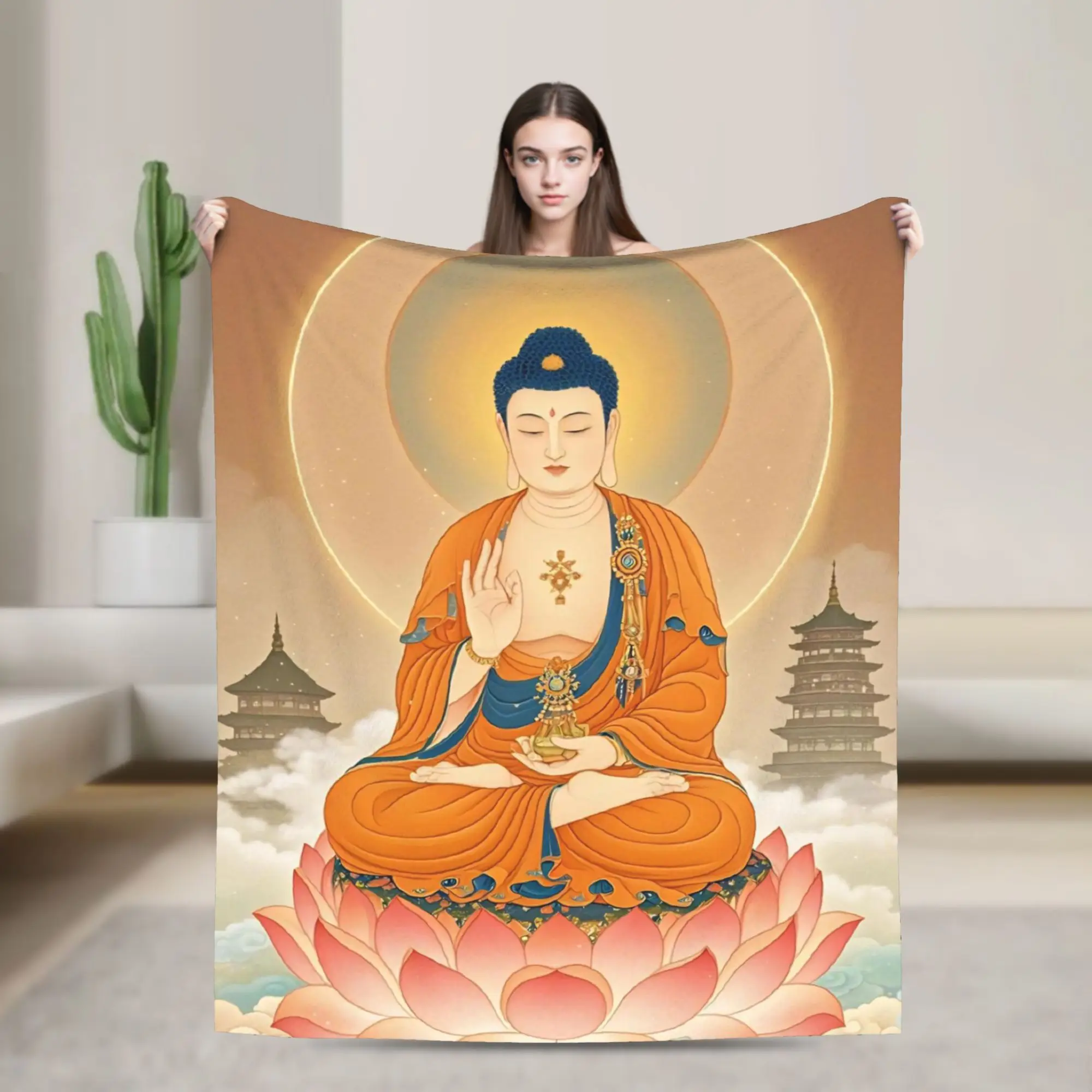 Buddha Lotus Zen Meditation Blanket Y2K Harajuku Flannel Vintage Soft Throw Blankets for Chair Covering Sofa Autumn/Winter