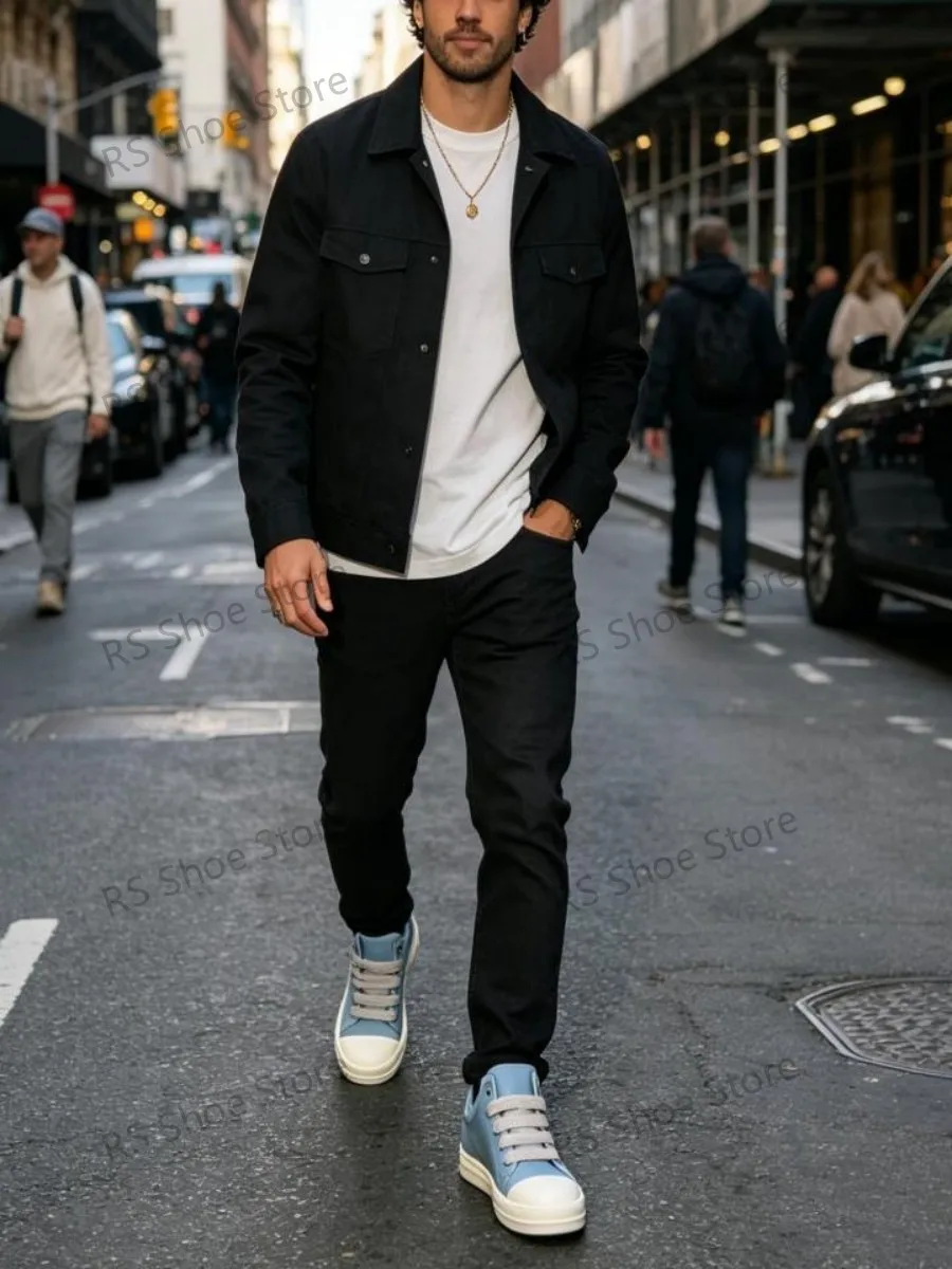 

Ro Men Sneakers Wathet Blue Leather Low Top Shoe Jumbo Laces Women Sneaker Casual Shoes Classic Design Thick Sole Flat Shoes