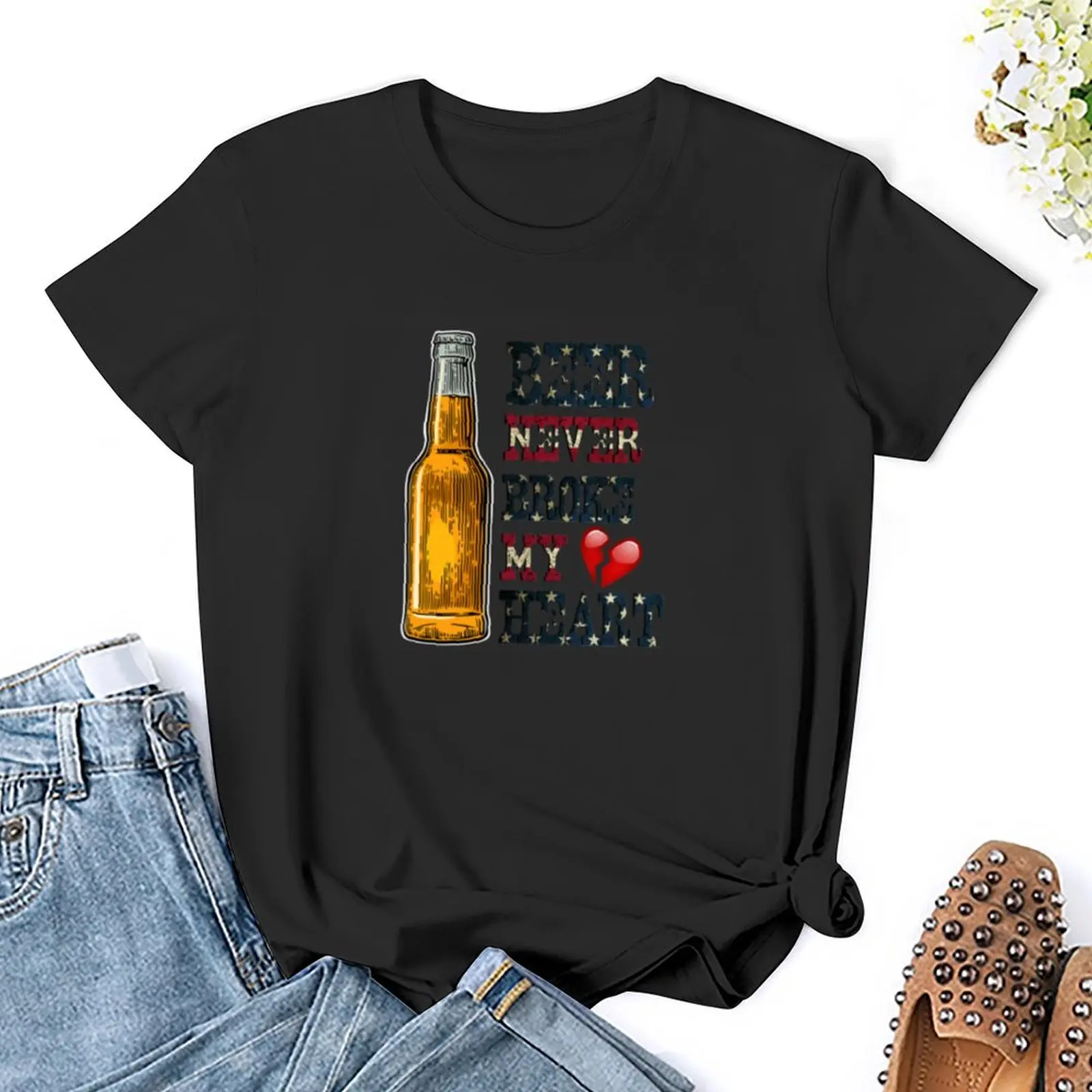 Camiseta ajustada con cuello en V para mujer, ropa kawaii, ropa vintage negra, cerveza, Never Broke My Heart