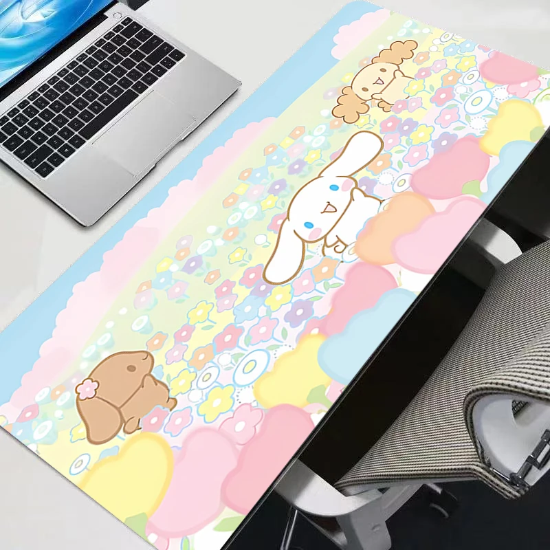 แผ่นรองเมาส์ซินนามอนโรลขอบล็อคขนาดใหญ่สำหรับคอมพิวเตอร์พีซีเกมเมอร์น่ารักอุปกรณ์เสริมสำหรับเล่นเกมแผ่นรองเมาส์คีย์บอร์ดแผ่นรองโต๊ะพรมแผ่นรองโต๊ะ