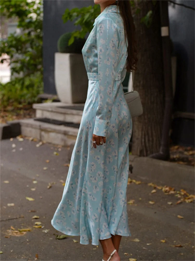 Abito lungo elegante stampato in raso Tossy per donna Abito aderente femminile con fasciatura a maniche lunghe a vita alta a contrasto