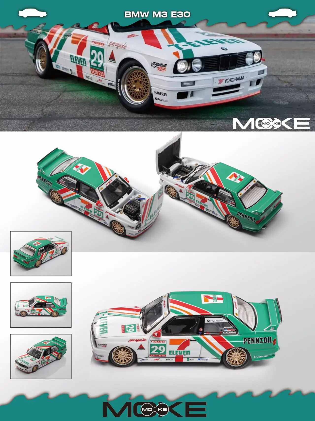 MOKE 1:64 BMW E30 M3 DTM SPA Champion/7-Eleven/91 Macau Carro de liga de motor aberto