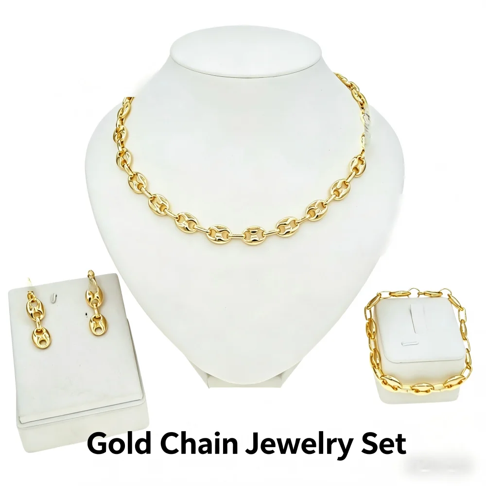 Trendy 24K Gold Plated Pig Nose Link Jewelry Set Women's Statement Necklace Bracelet Earrings